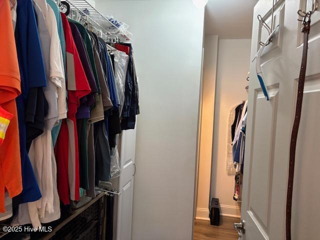 walk in closet with dark wood-type flooring