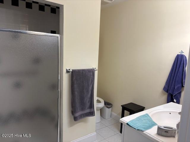 bathroom featuring toilet, tile patterned flooring, an enclosed shower, and vanity