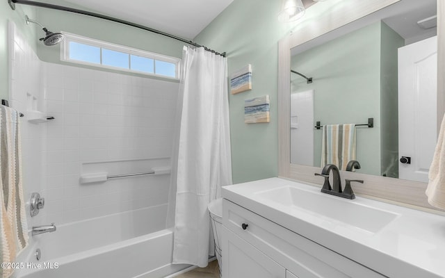 full bathroom featuring shower / bath combination with curtain and vanity