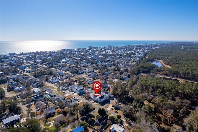 drone / aerial view featuring a water view