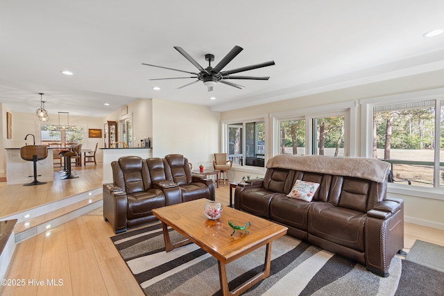 living room featuring a healthy amount of sunlight, light hardwood / wood-style flooring, and ceiling fan