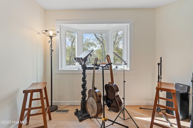 workout area featuring light hardwood / wood-style floors and a healthy amount of sunlight