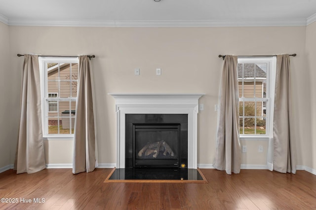 room details featuring a fireplace with flush hearth, crown molding, wood finished floors, and baseboards