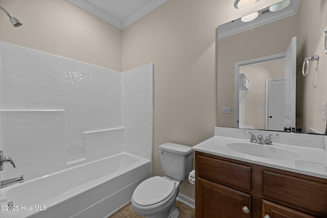 full bath with ornamental molding, vanity, toilet, and shower / bathtub combination