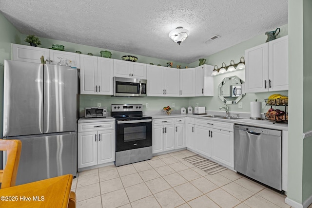 kitchen with appliances with stainless steel finishes, a sink, and white cabinetry