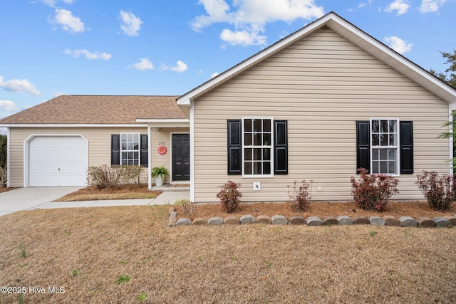 ranch-style house with an attached garage, driveway, a front lawn, and a shingled roof