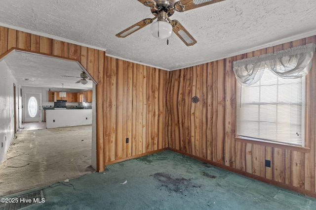 318 Locks No 1 Rd, Riegelwood, NC 28456 - empty room featuring carpet flooring, wooden walls, a textured ceiling, ceiling fan, and crown molding