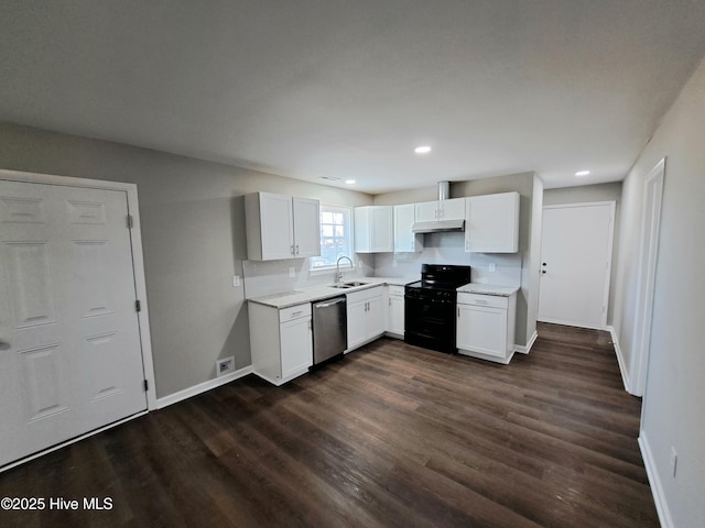 kitchen featuring sink, dishwasher, dark wood-type flooring, black / electric stove, and white cabinets