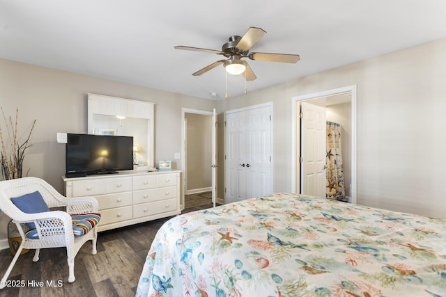 bedroom with ceiling fan, dark hardwood / wood-style flooring, and a closet