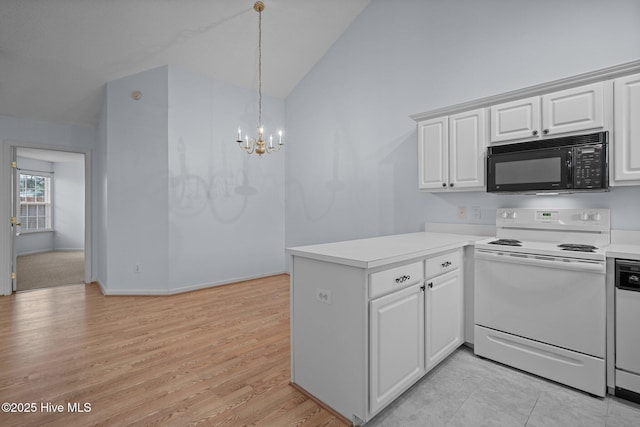 kitchen with a notable chandelier, white range with electric stovetop, white cabinetry, pendant lighting, and kitchen peninsula