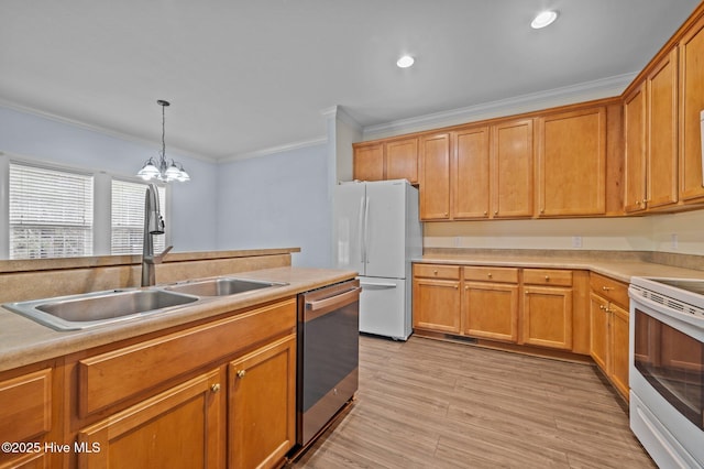 kitchen featuring sink, white appliances, ornamental molding, light hardwood / wood-style floors, and decorative light fixtures