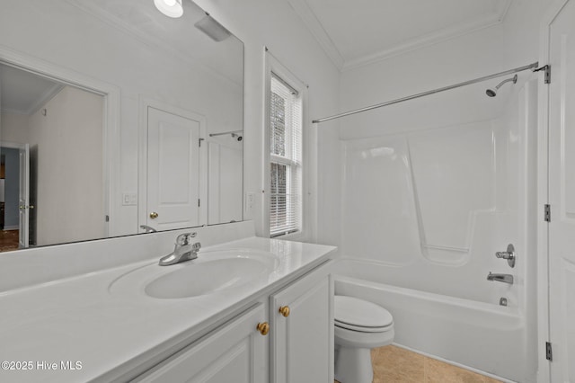 full bathroom with toilet, crown molding,  shower combination, vanity, and tile patterned flooring