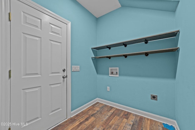 laundry area with electric dryer hookup, washer hookup, and dark wood-type flooring