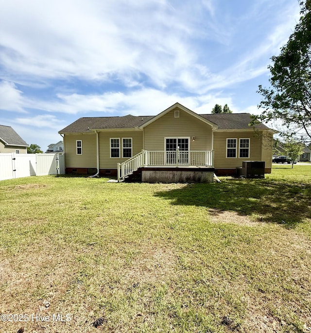 225 Adams Ln, Washington, NC 27889 - rear view of property featuring crawl space, a gate, central AC unit, and a wooden deck