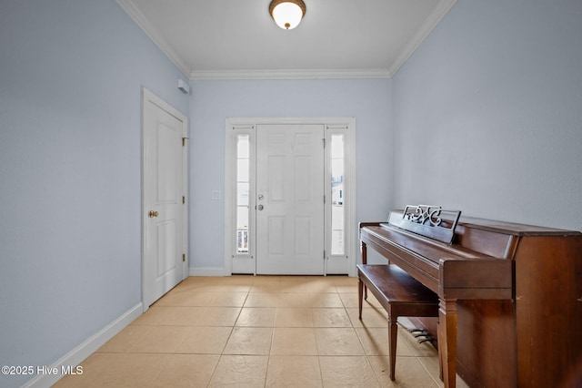 tiled foyer entrance featuring ornamental molding