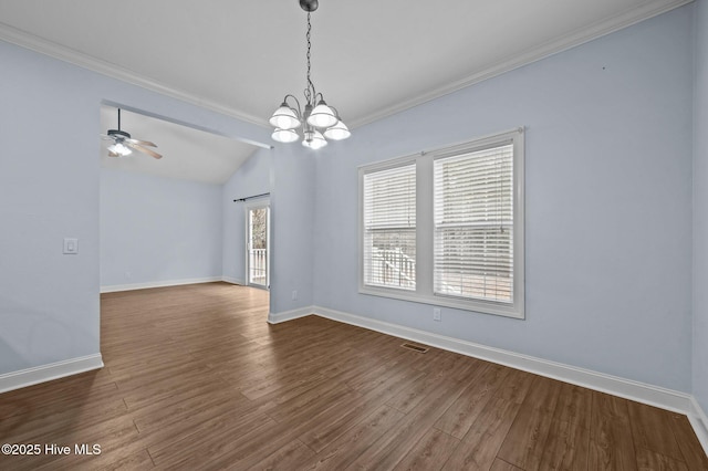 225 Adams Ln, Washington, NC 27889 - unfurnished room featuring dark wood-type flooring, a chandelier, baseboards, ceiling fan, and ornamental molding