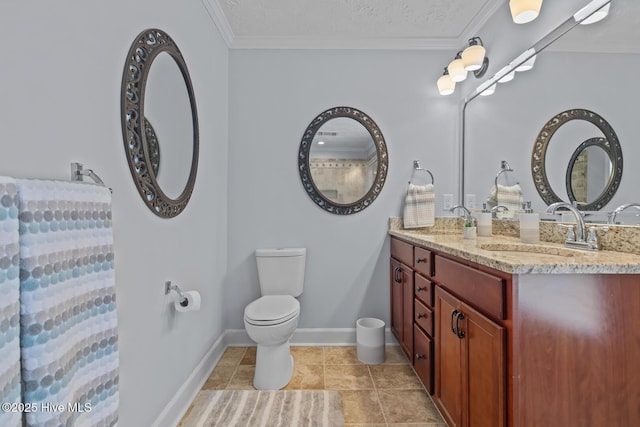 bathroom with vanity, a textured ceiling, toilet, tile patterned floors, and ornamental molding