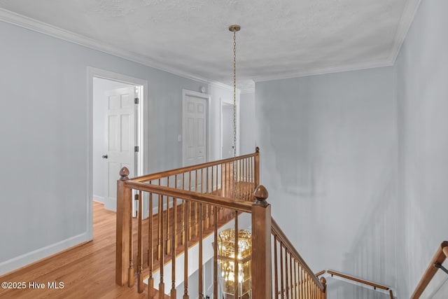 hallway with ornamental molding, light wood-type flooring, and a textured ceiling