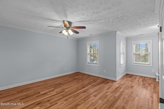 spare room with ornamental molding, a wealth of natural light, a textured ceiling, and light hardwood / wood-style floors