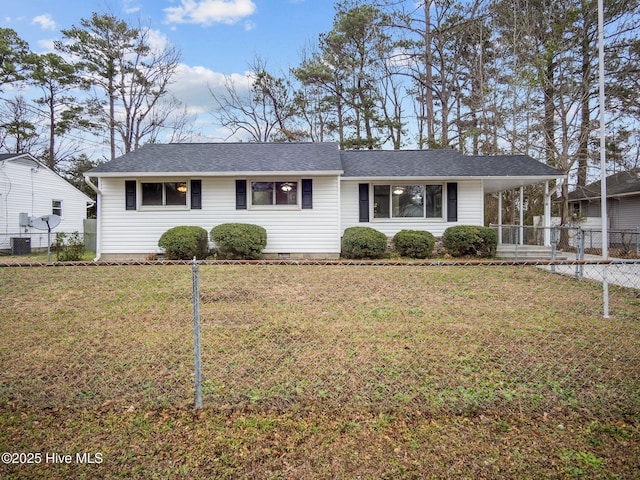 ranch-style home featuring crawl space, fence, roof with shingles, and a front lawn