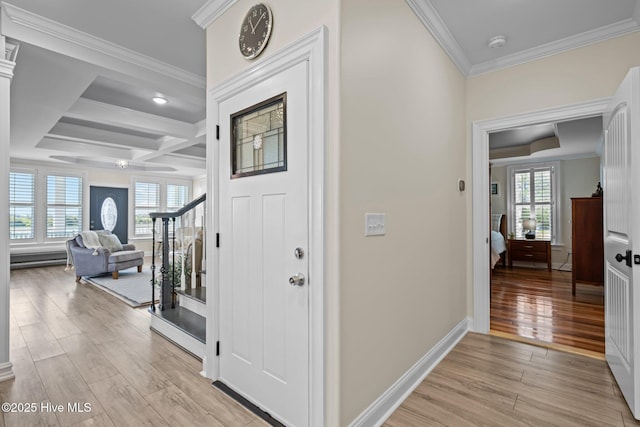 3953 Palm St SE, Bolivia, NC 28422 - hallway featuring ornamental molding, light wood-type flooring, coffered ceiling, baseboards, and beamed ceiling