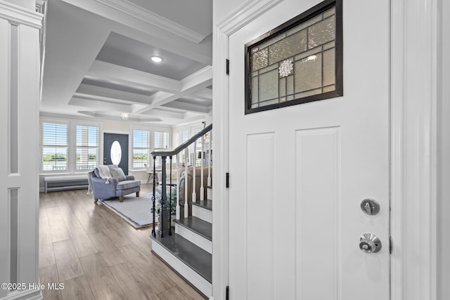 3953 Palm St SE, Bolivia, NC 28422 - entrance foyer with ornamental molding, stairs, wood finished floors, coffered ceiling, and beamed ceiling