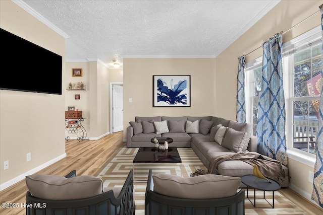 living area with light wood-type flooring, a wealth of natural light, and crown molding