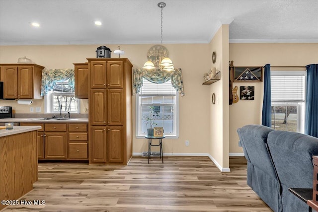 kitchen with light countertops, ornamental molding, and light wood-style flooring