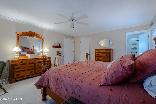 bedroom with carpet, ceiling fan, and crown molding