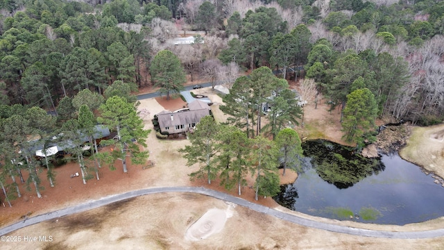 bird's eye view featuring a forest view and a water view