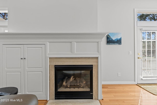 room details featuring a glass covered fireplace, wood finished floors, and baseboards