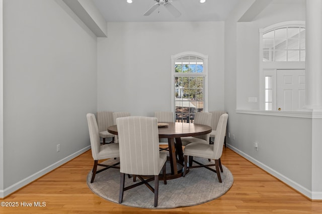 dining space with recessed lighting, a ceiling fan, light wood-type flooring, and baseboards