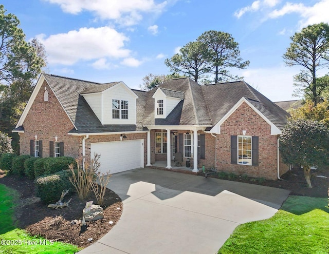 view of front of house with concrete driveway, roof with shingles, a porch, brick siding, and a garage