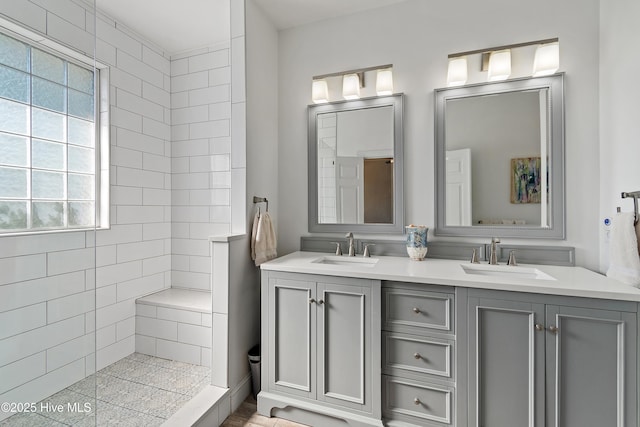 bathroom featuring a walk in shower, double vanity, and a sink