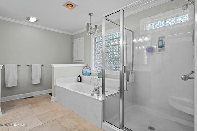 bathroom with visible vents, ornamental molding, a shower stall, baseboards, and a bath