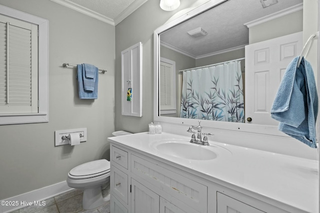 bathroom featuring a textured ceiling, tile patterned flooring, toilet, vanity, and crown molding