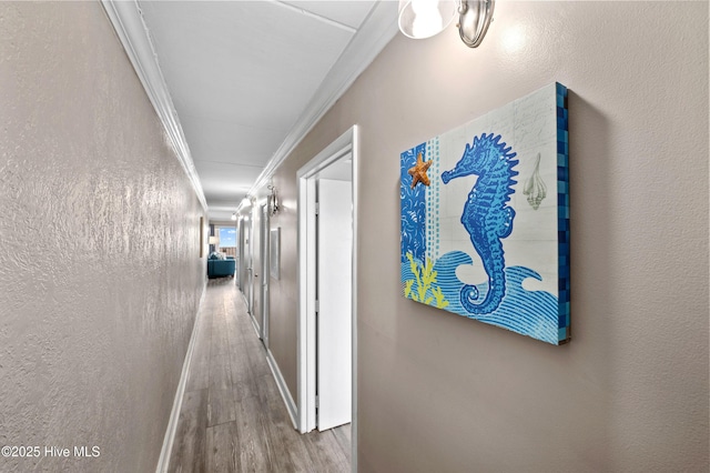 corridor with a textured wall, baseboards, crown molding, and wood finished floors