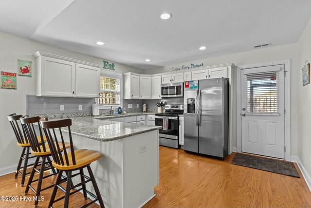 kitchen featuring stainless steel appliances, a peninsula, white cabinets, decorative backsplash, and light wood finished floors