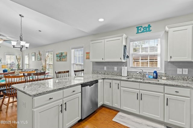 kitchen with white cabinetry, a sink, a peninsula, and stainless steel dishwasher