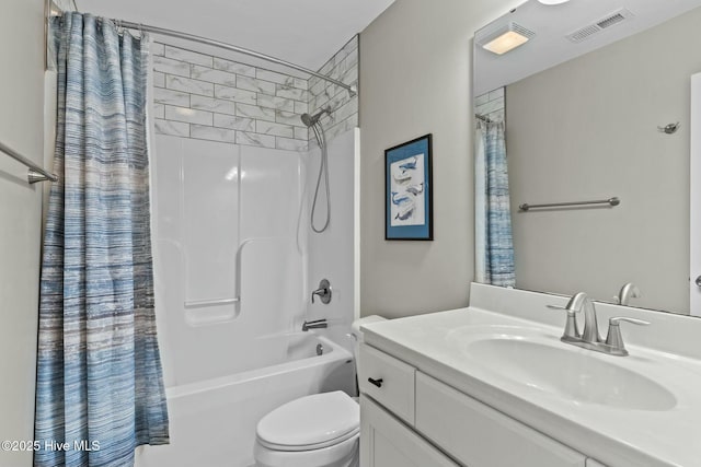 full bath with toilet, visible vents, shower / tub combo with curtain, and vanity