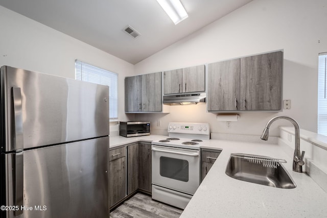 kitchen featuring electric stove, light countertops, freestanding refrigerator, and under cabinet range hood