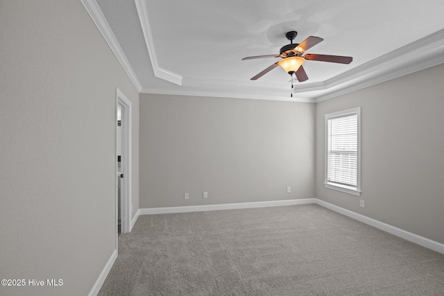 carpeted empty room with ceiling fan, a tray ceiling, and ornamental molding