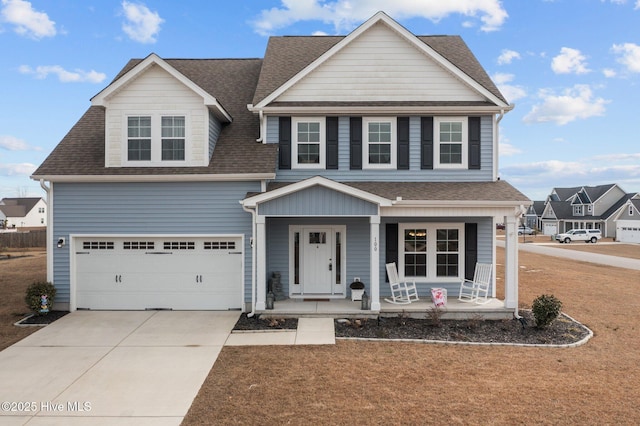 view of front of house featuring a garage, a porch, concrete driveway, and roof with shingles