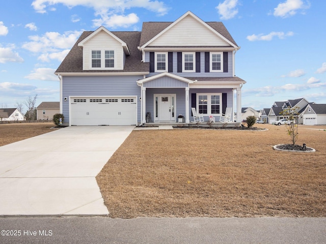 view of front of property with roof with shingles, a porch, an attached garage, driveway, and a front lawn