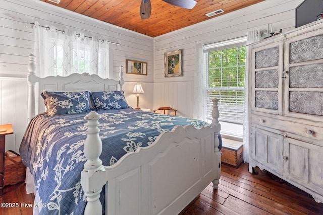121 Dolphin Ln, Sneads Ferry, NC 28460 - bedroom with dark wood-style flooring, wooden ceiling, wooden walls, and ceiling fan