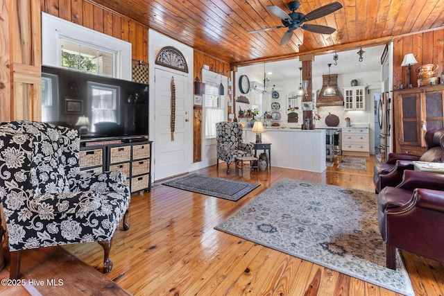 121 Dolphin Ln, Sneads Ferry, NC 28460 - living area featuring wood ceiling, a ceiling fan, hardwood / wood-style floors, and wooden walls