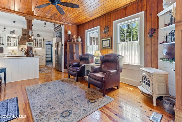 121 Dolphin Ln, Sneads Ferry, NC 28460 - living room featuring wooden ceiling, light wood finished floors, a ceiling fan, and wood walls