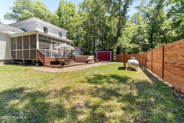 121 Dolphin Ln, Sneads Ferry, NC 28460 - view of yard featuring a sunroom, a deck, and an outbuilding