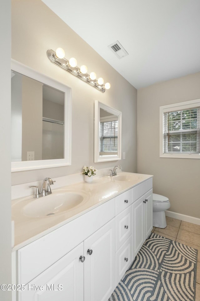 full bath featuring a sink, visible vents, toilet, and tile patterned flooring