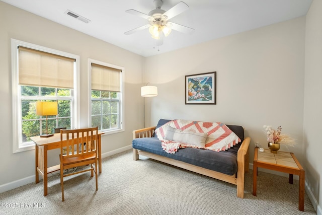 interior space with carpet, visible vents, and baseboards